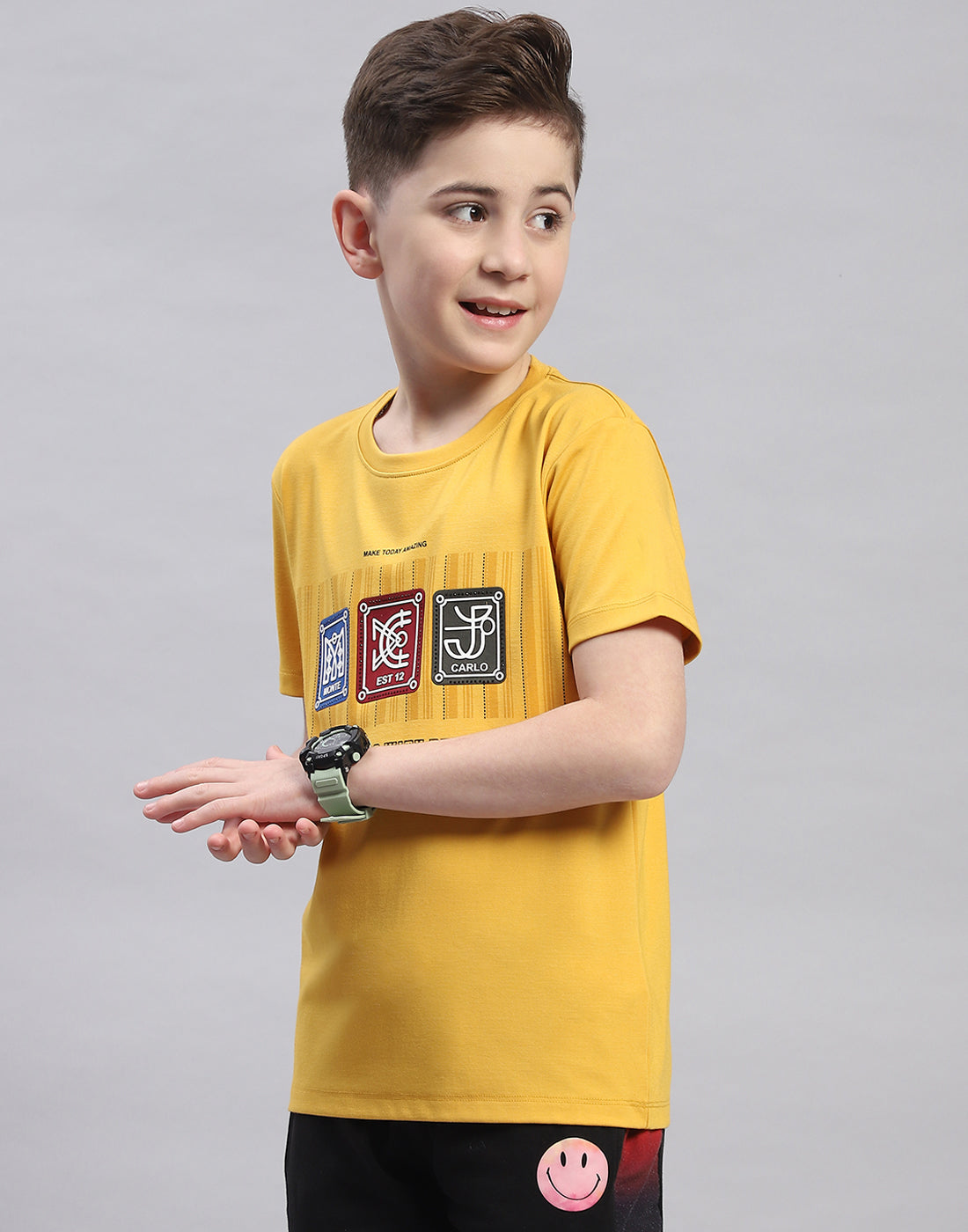 Boys Yellow Printed Round Neck Half Sleeve T-Shirt