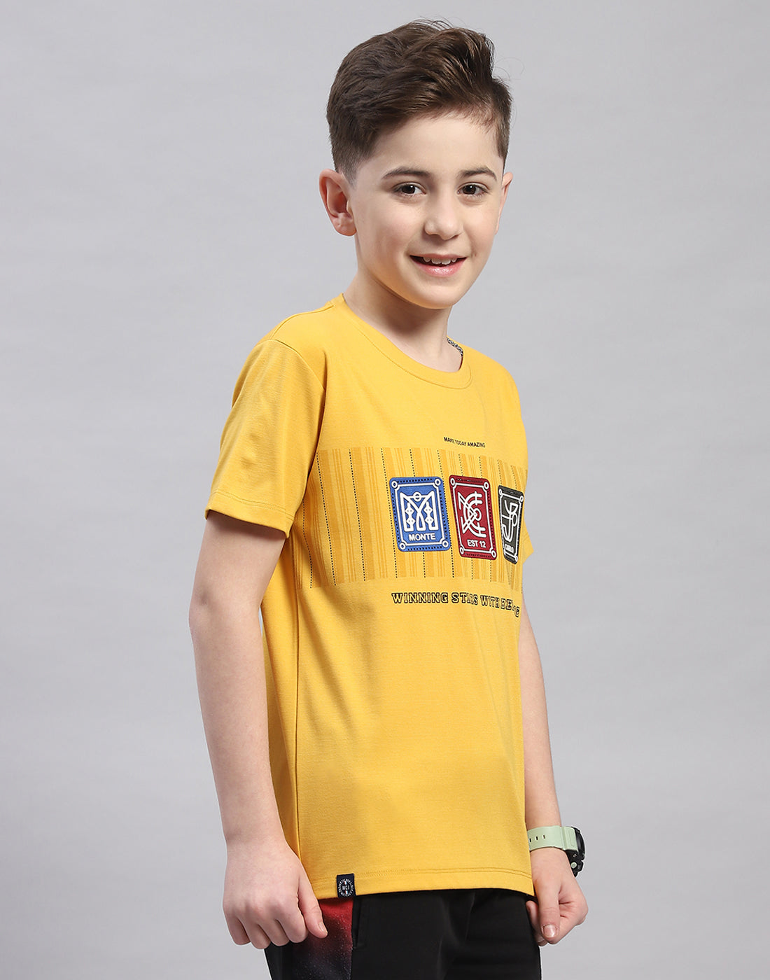 Boys Yellow Printed Round Neck Half Sleeve T-Shirt