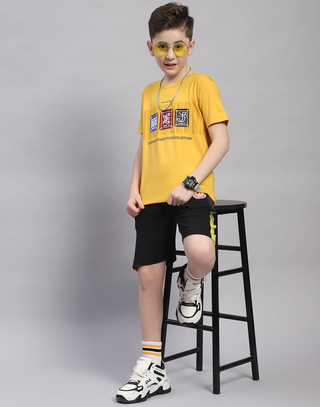 Boys Yellow Printed Round Neck Half Sleeve T-Shirt