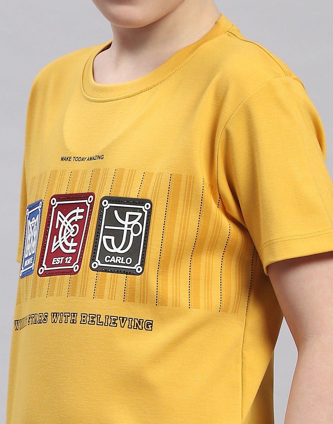 Boys Yellow Printed Round Neck Half Sleeve T-Shirt