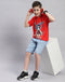 Boys Red Printed Hooded Half Sleeve T-Shirt