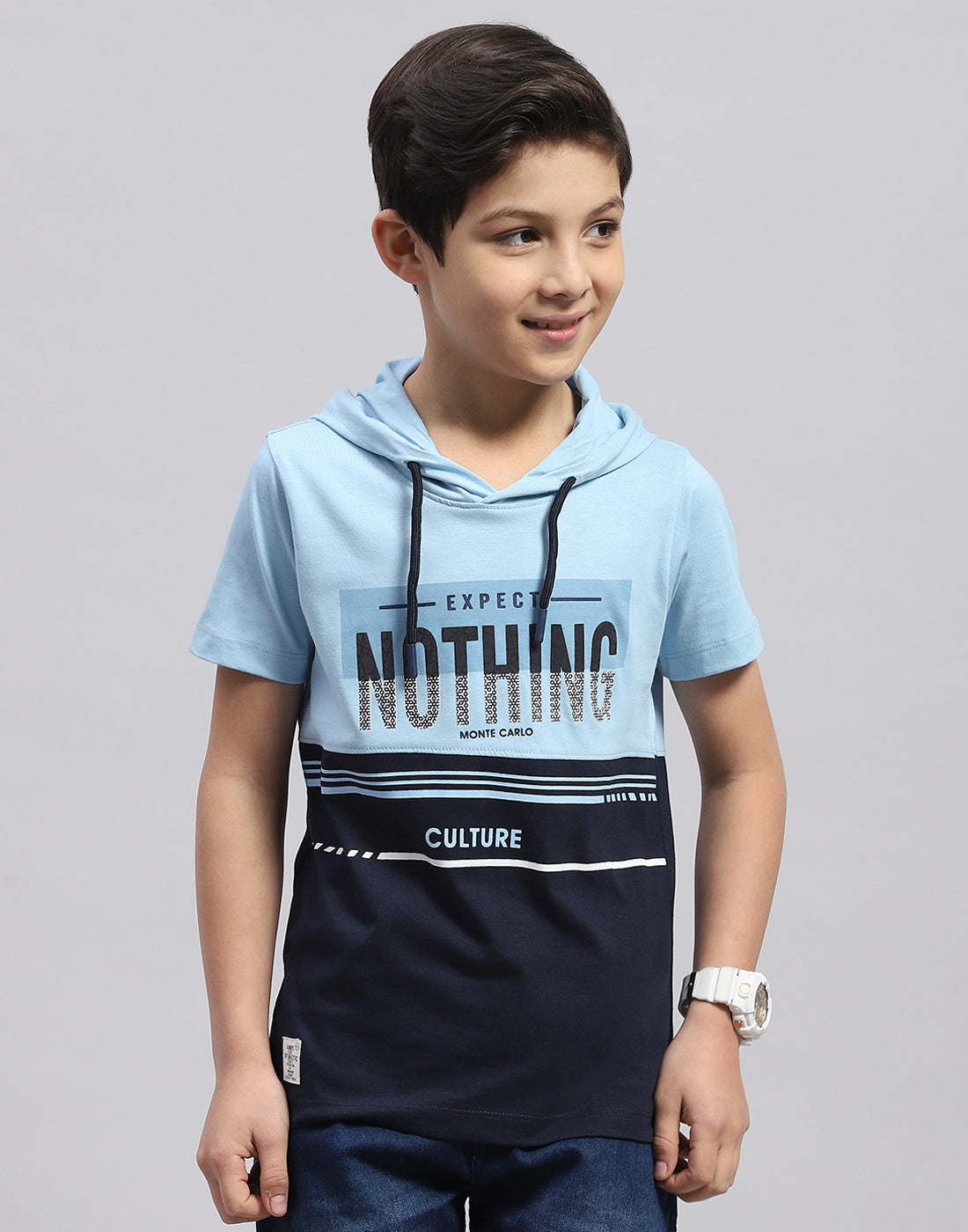 Boys Blue Printed Hooded Half Sleeve T-Shirt