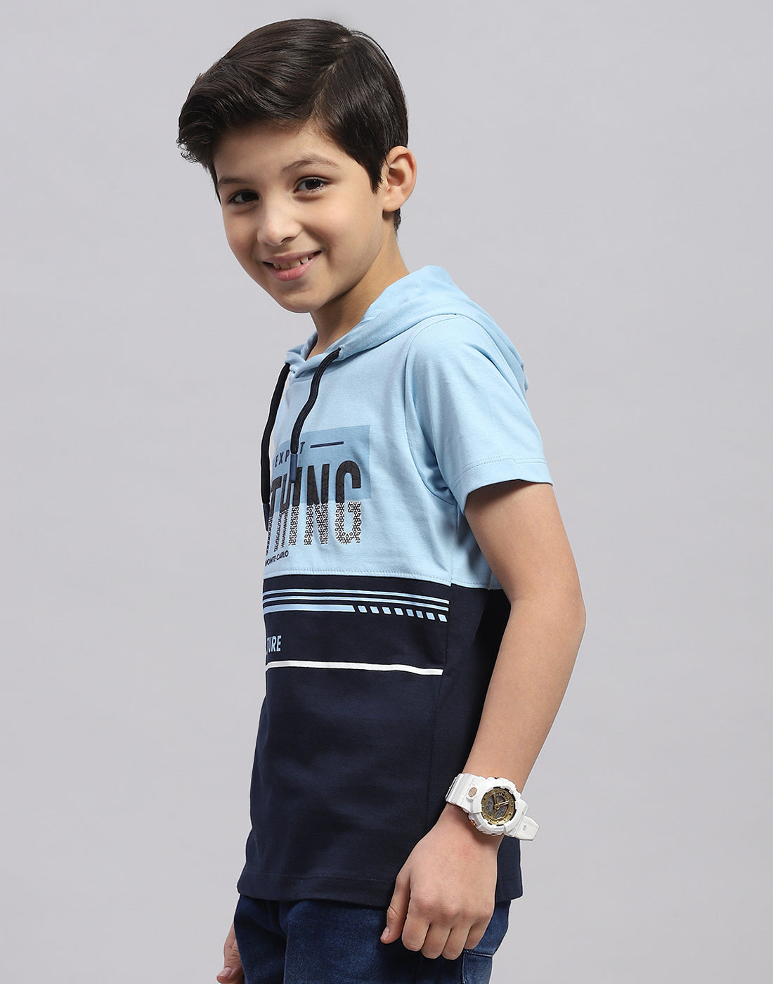 Boys Blue Printed Hooded Half Sleeve T-Shirt