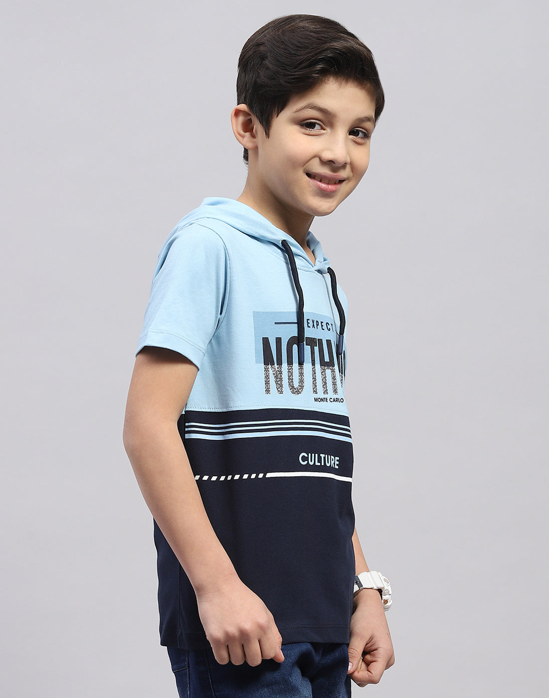 Boys Blue Printed Hooded Half Sleeve T-Shirt