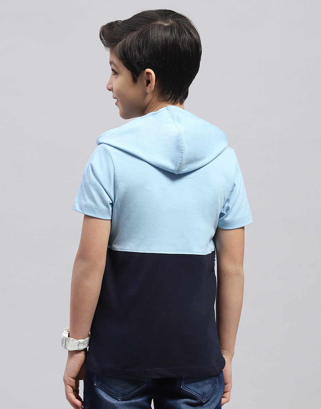 Boys Blue Printed Hooded Half Sleeve T-Shirt