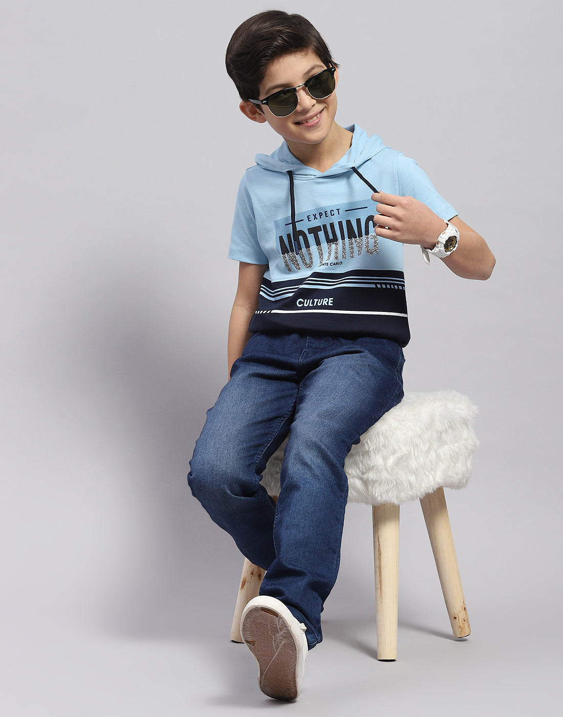 Boys Blue Printed Hooded Half Sleeve T-Shirt