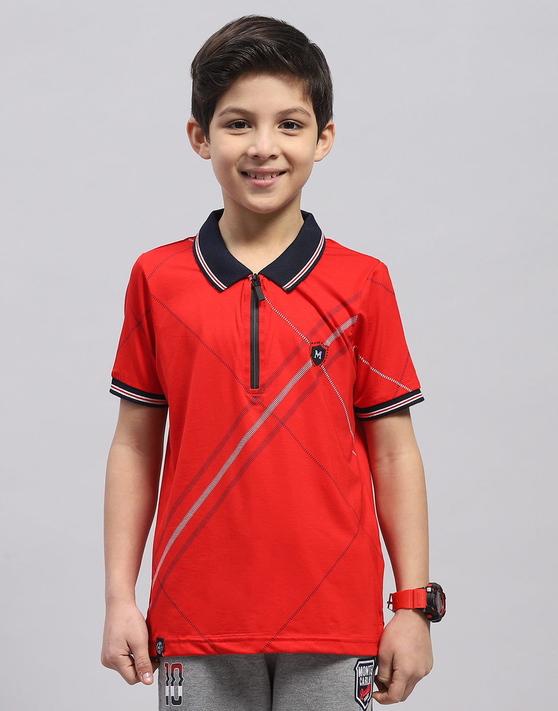 Boys Red Printed Polo Collar Half Sleeve T-Shirt