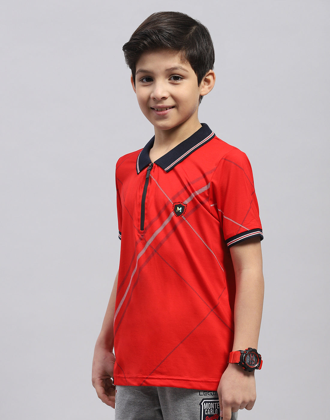 Boys Red Printed Polo Collar Half Sleeve T-Shirt