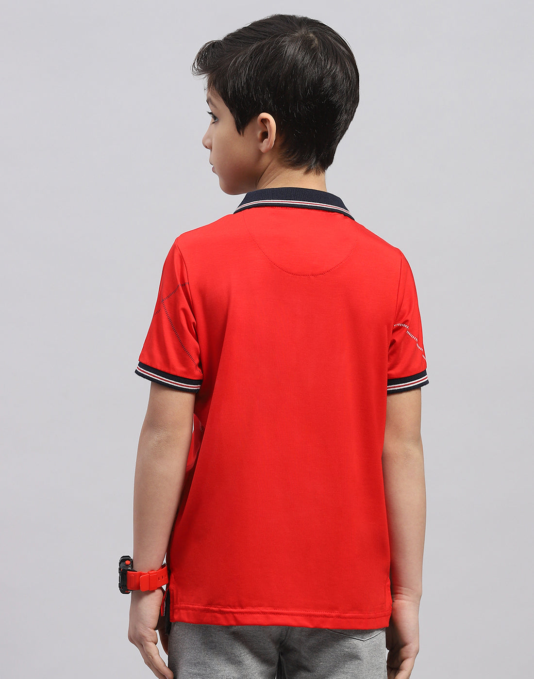 Boys Red Printed Polo Collar Half Sleeve T-Shirt