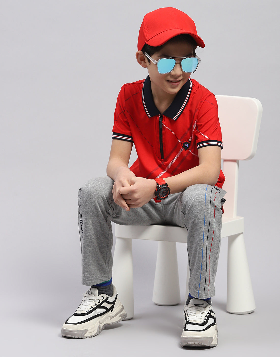 Boys Red Printed Polo Collar Half Sleeve T-Shirt