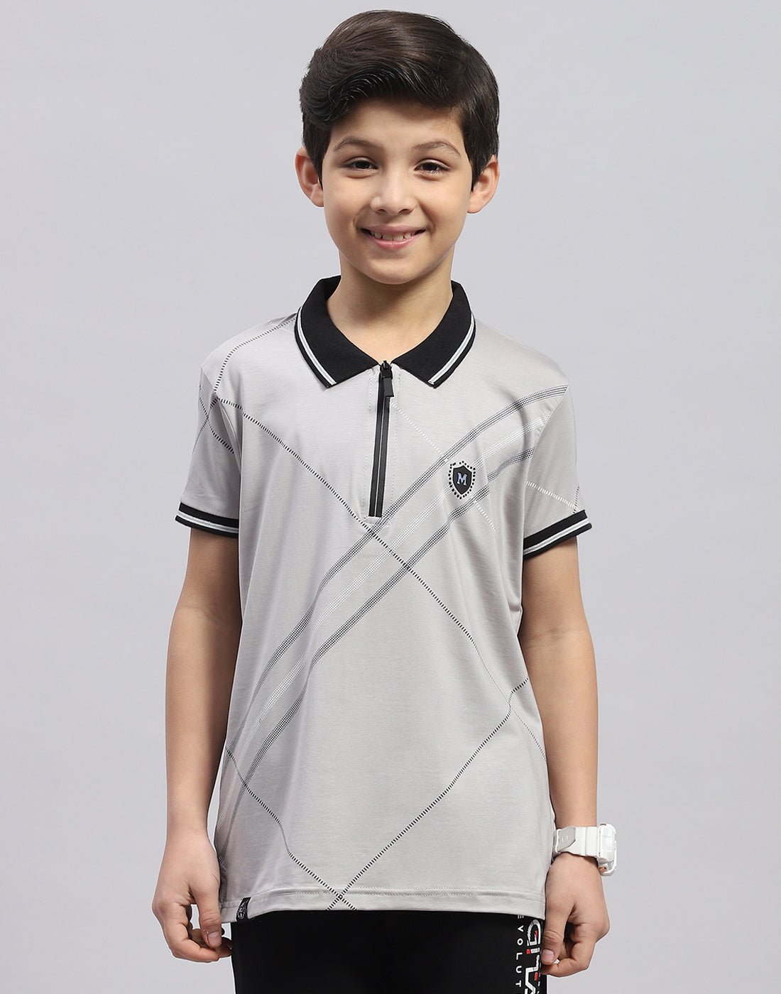 Boys Grey Printed Polo Collar Half Sleeve T-Shirt