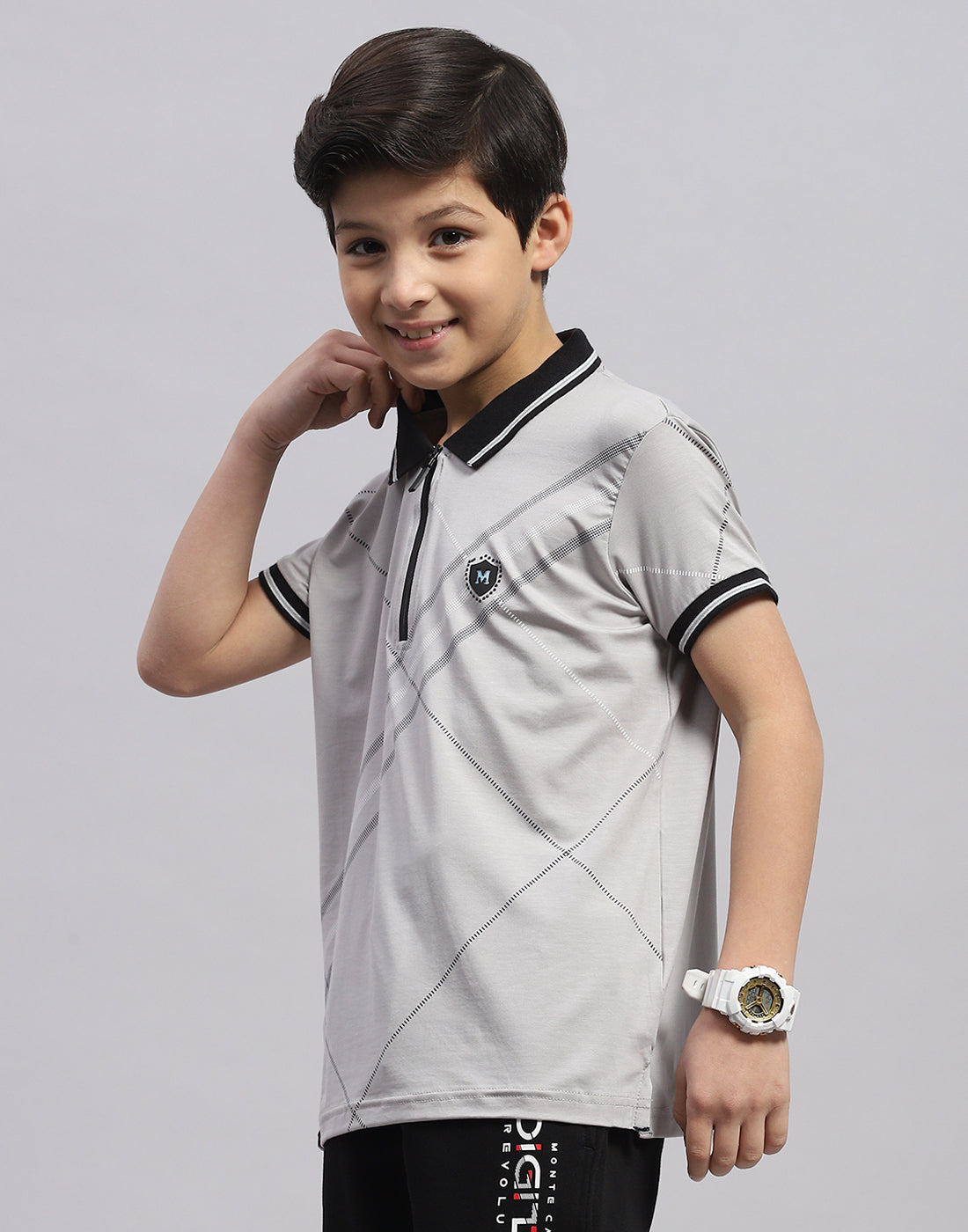 Boys Grey Printed Polo Collar Half Sleeve T-Shirt