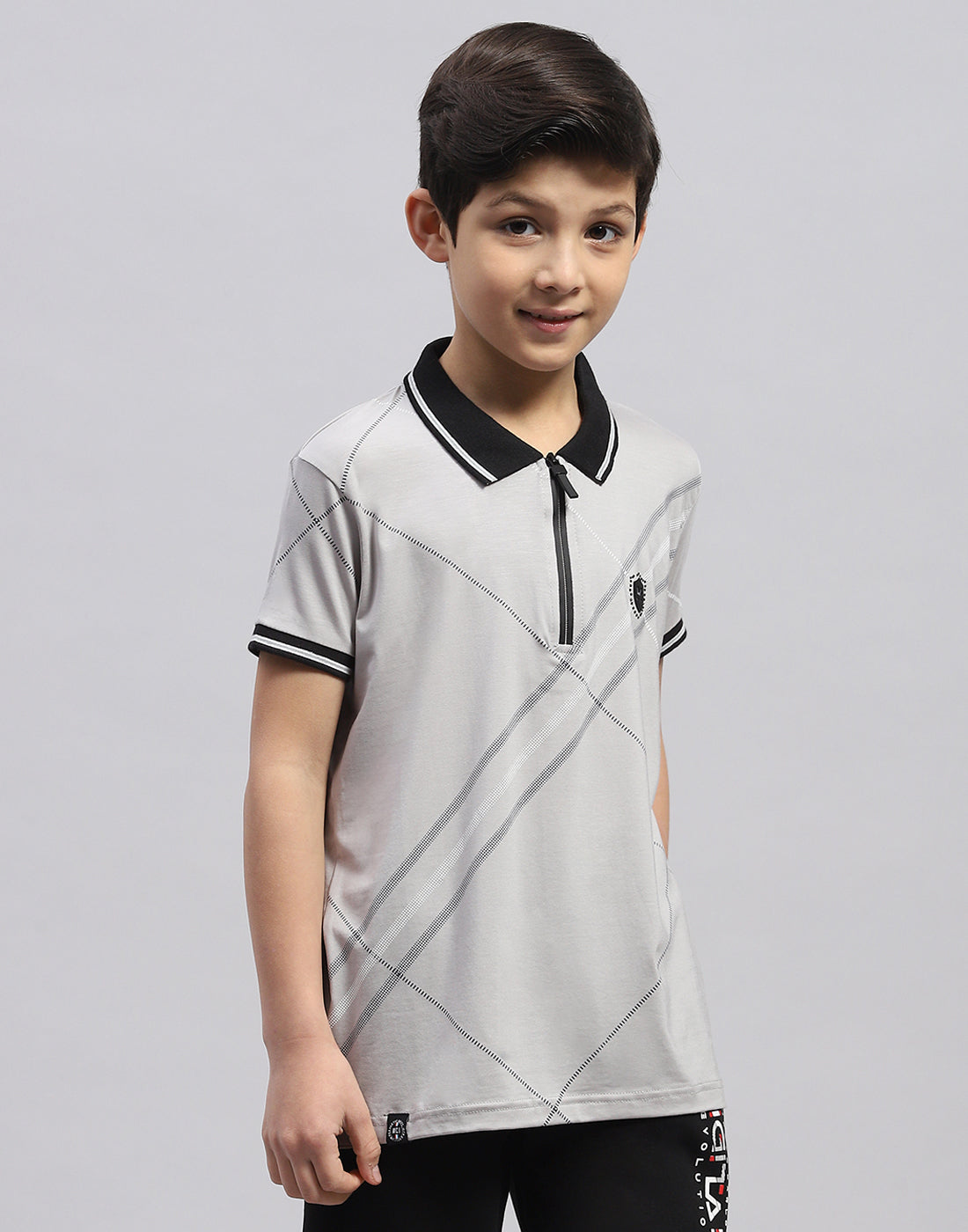 Boys Grey Printed Polo Collar Half Sleeve T-Shirt