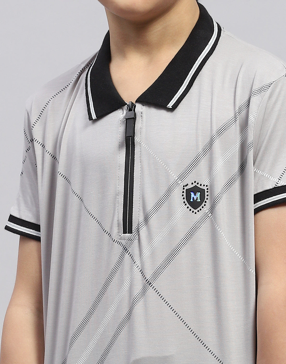 Boys Grey Printed Polo Collar Half Sleeve T-Shirt