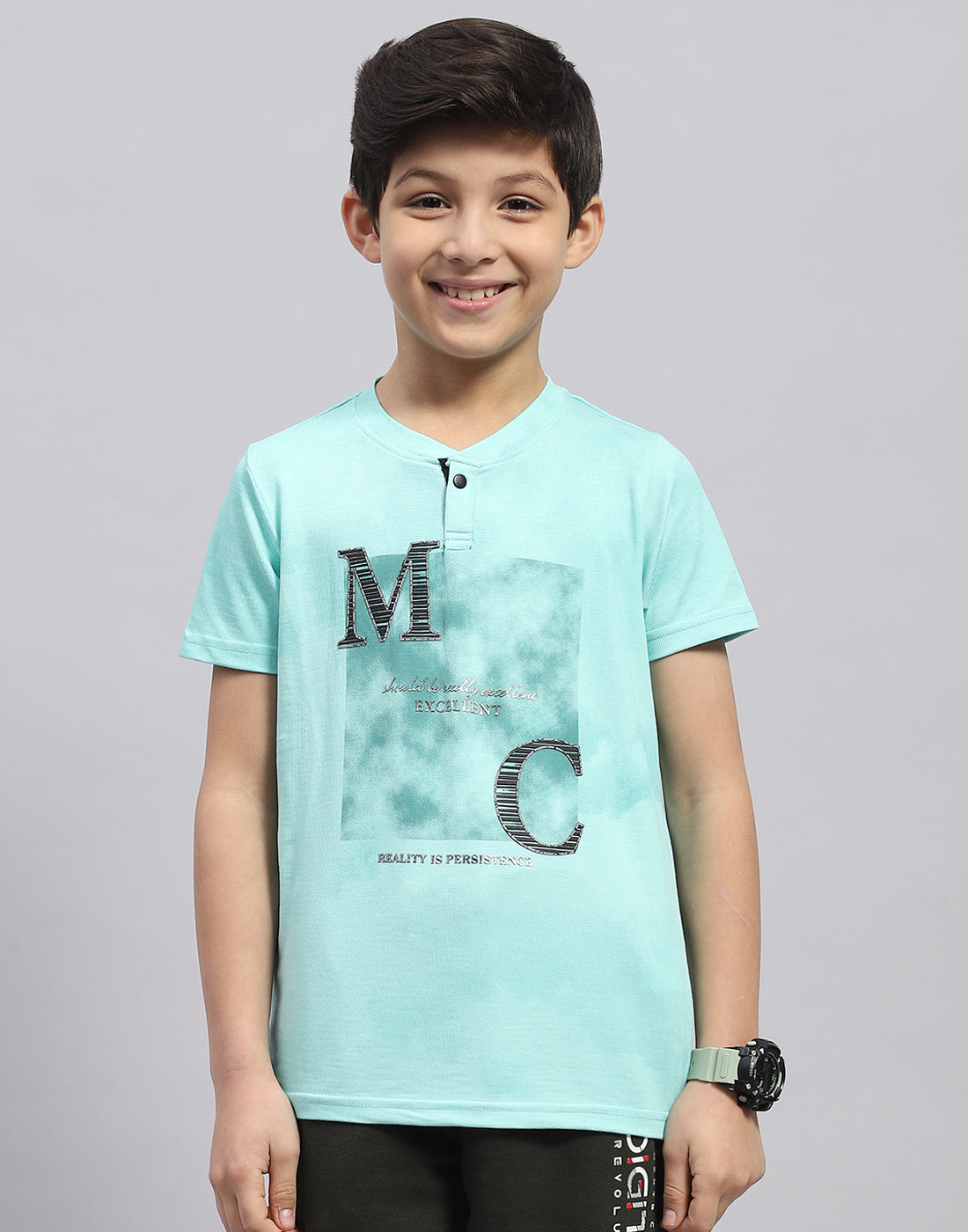 Boys Blue Printed Round Neck Half Sleeve T-Shirt