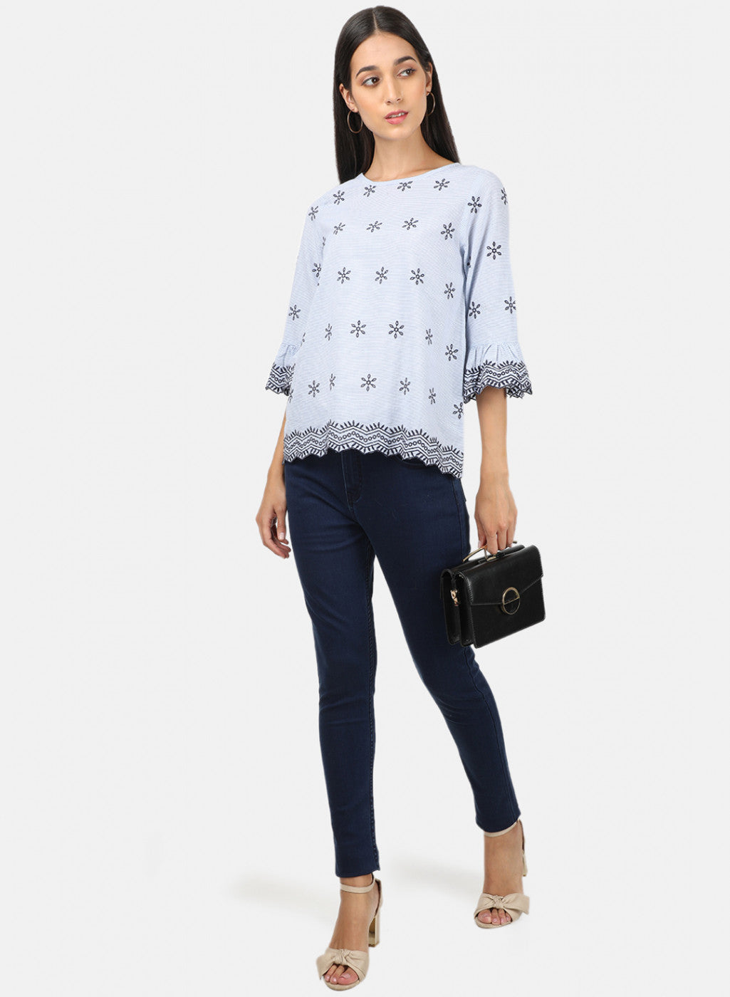 Womens Blue Embroidered Top