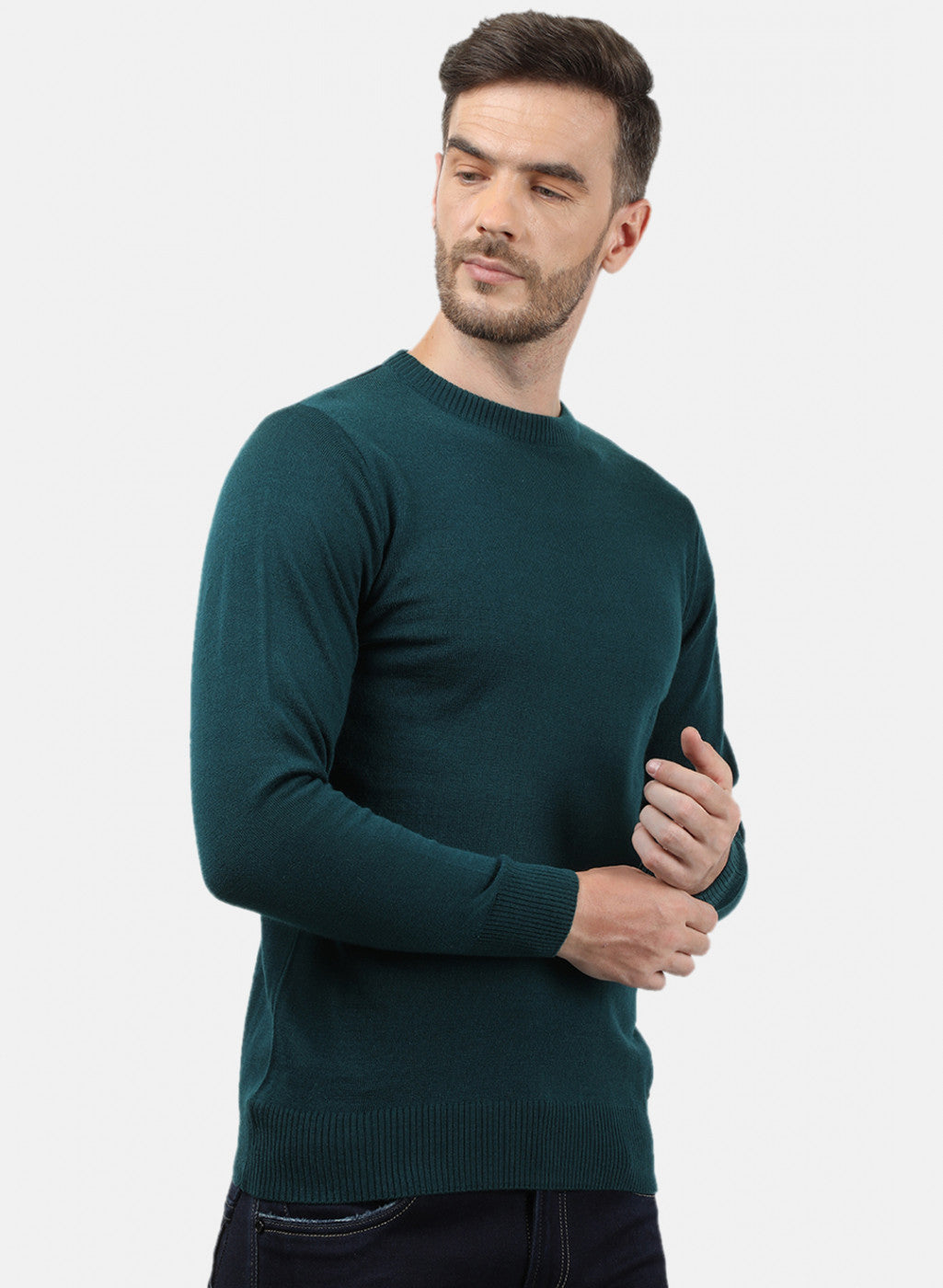 Men Bottle Green Solid Pullover