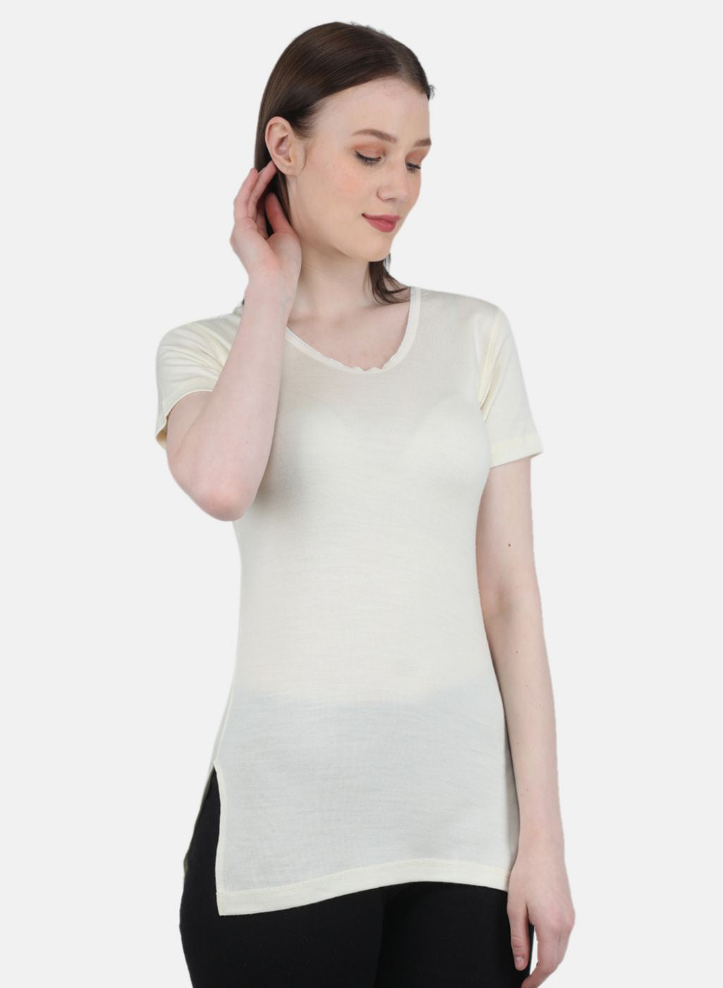 Women Cream Solid Thermal Vest