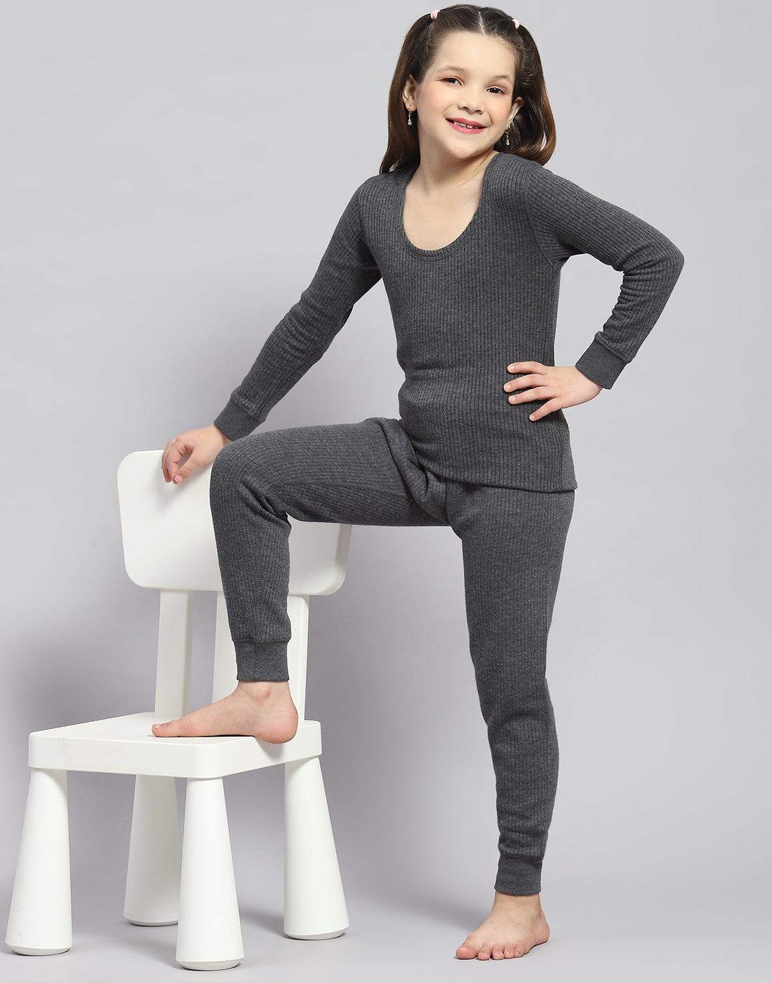 Girls Grey Solid Thermal Lower