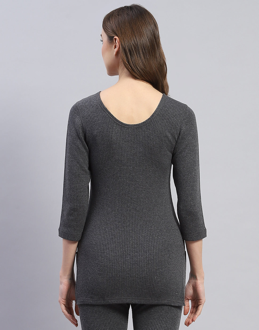 Women Grey Solid Round Neck 3/4 Sleeve Thermal Vest