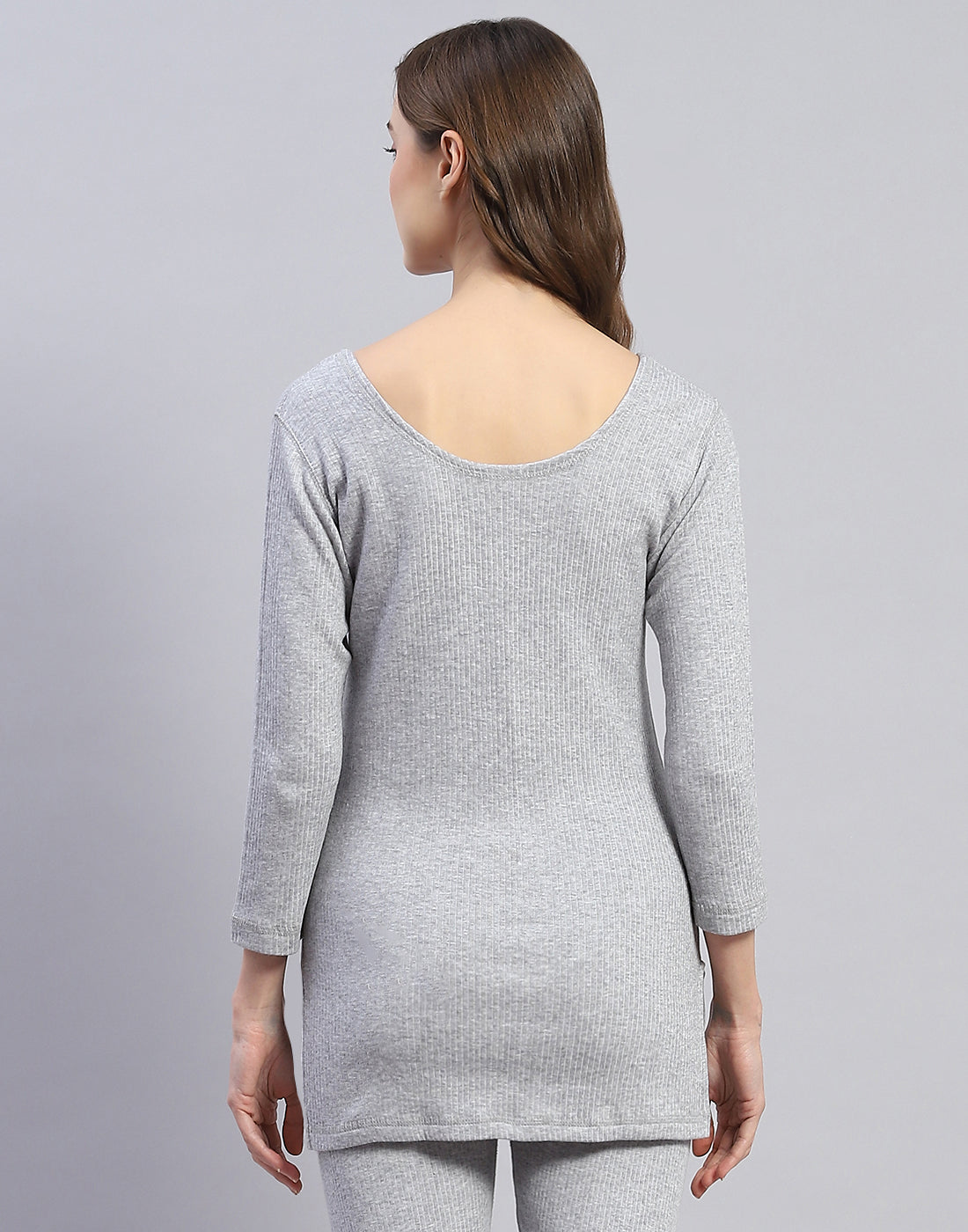 Women Grey Solid Round Neck 3/4 Sleeve Thermal Vest