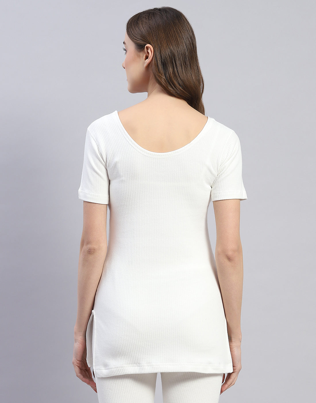 Women Off White Solid Round Neck Half Sleeve Thermal Vest