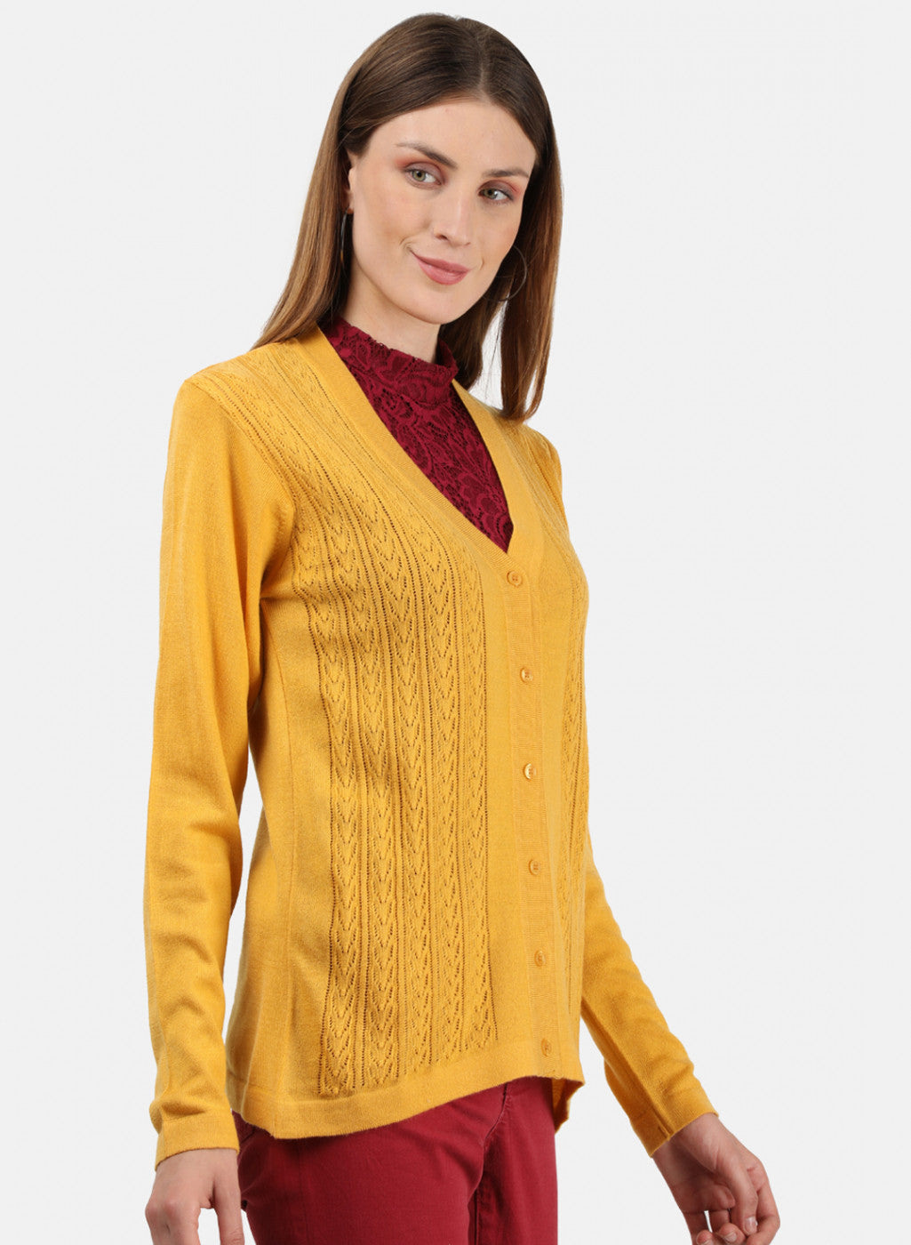 Women Yellow Self Cardigan