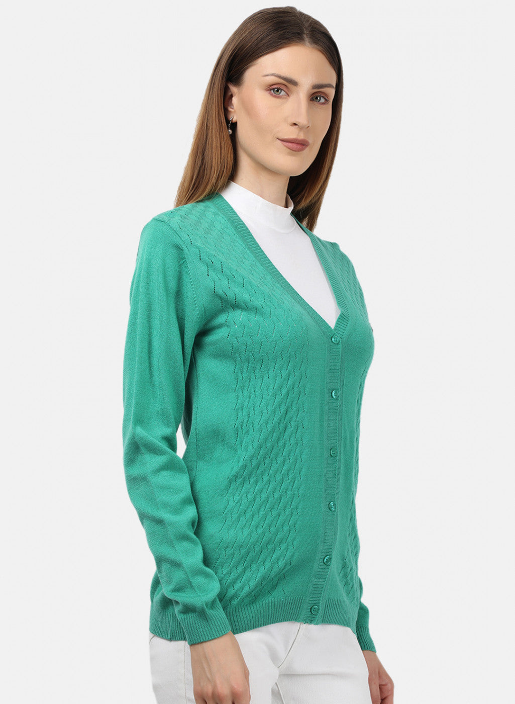 Women Green Self Design Cardigan