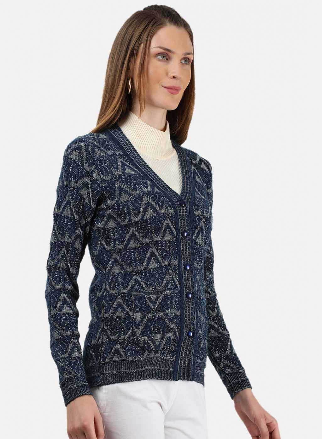 Women Blue Self Cardigan