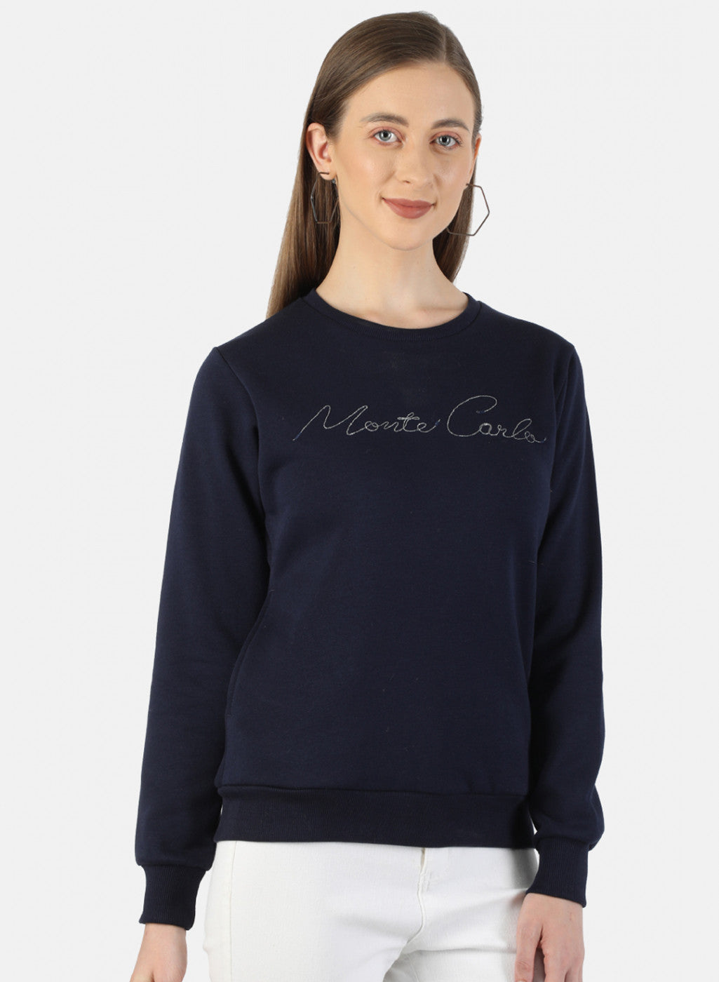 Women Navy Blue Embroidered Sweatshirt