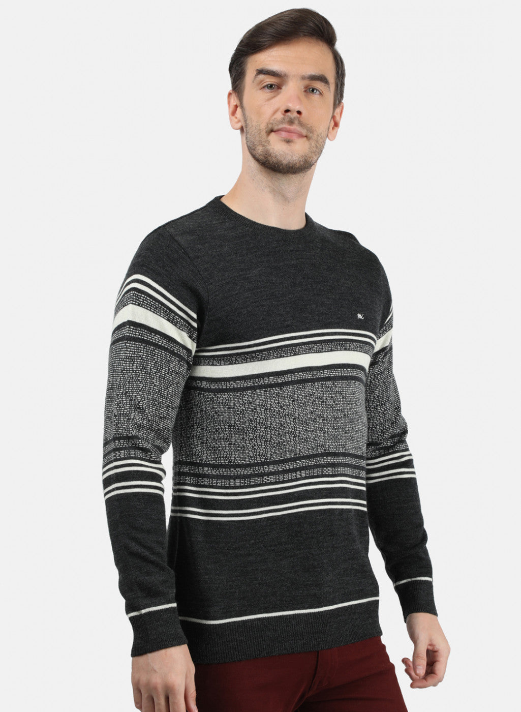 Men Grey & White Solid Pullover