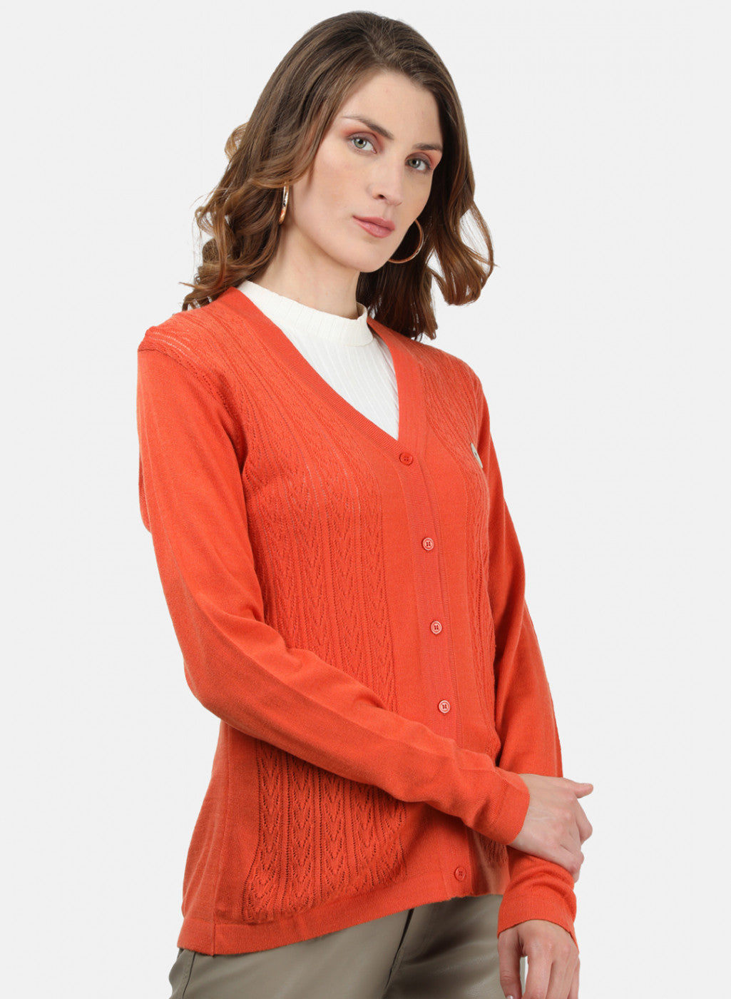 Women Orange Self Cardigan