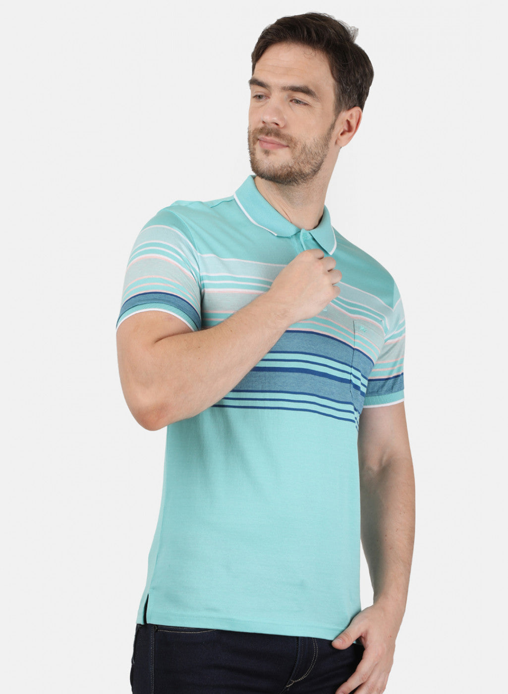 Mens Sea Green Stripe Collar T-Shirts