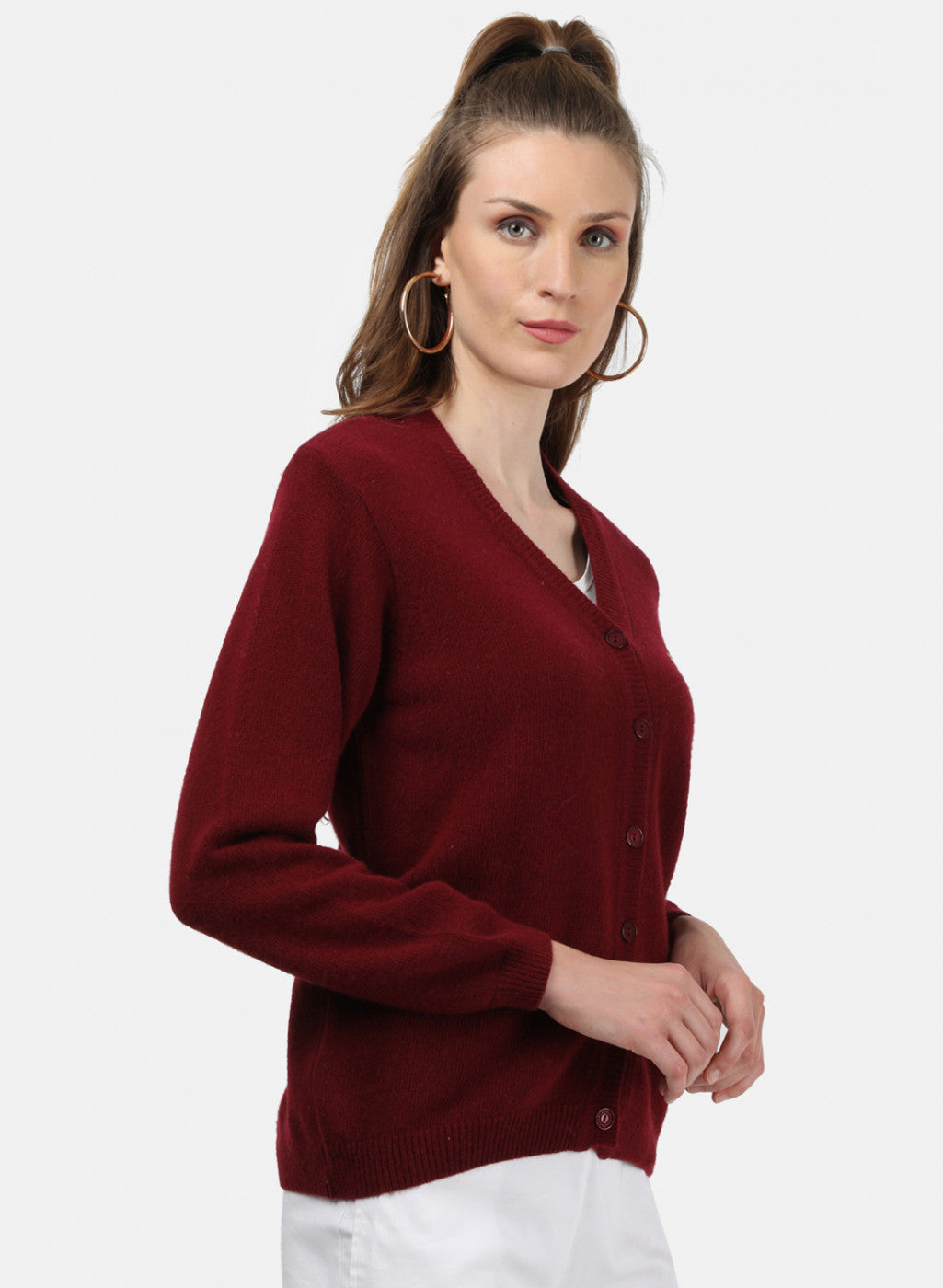 Women Maroon Solid Cardigan