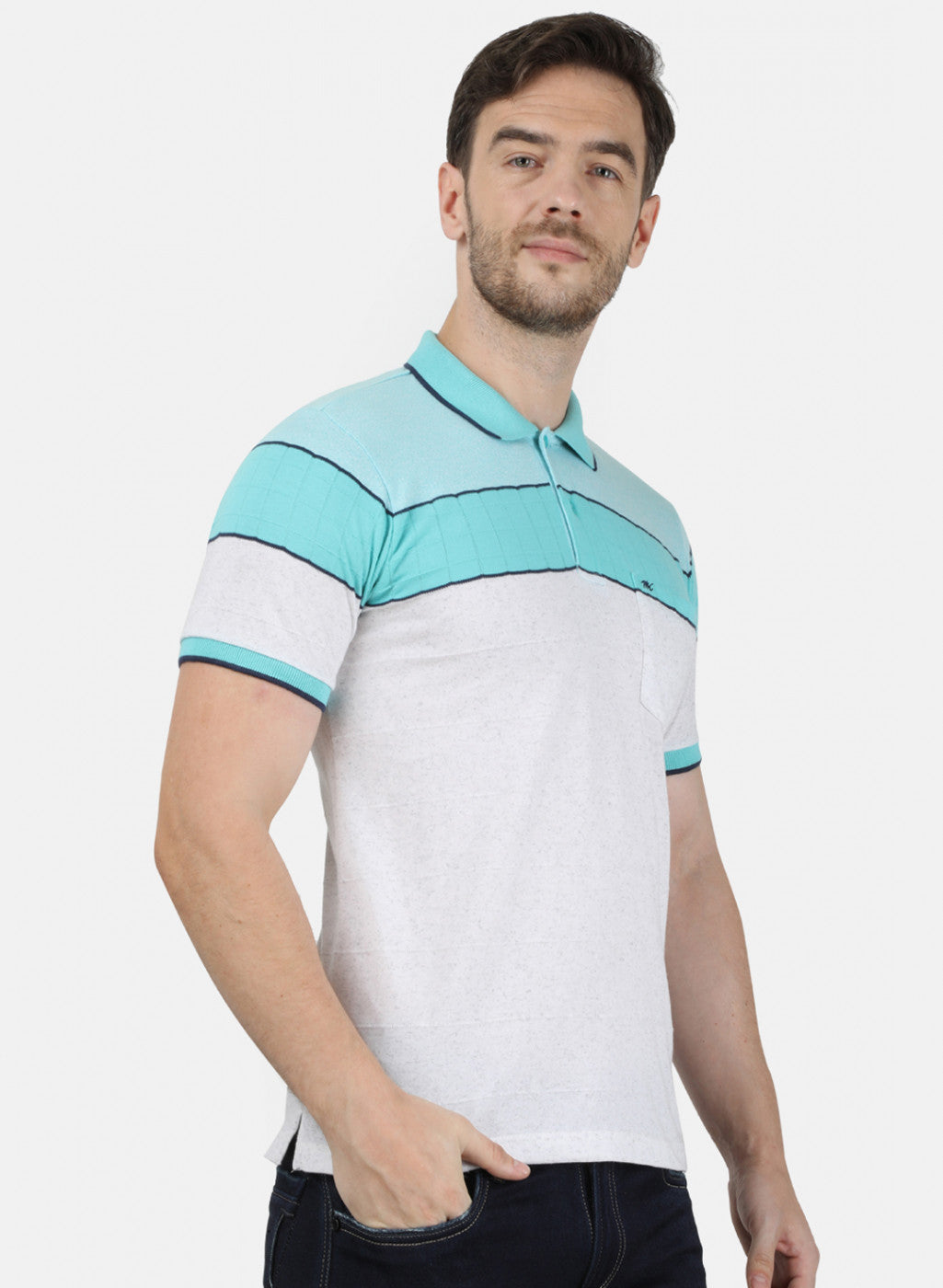 Mens Sea Green Stripe Collar T-Shirts