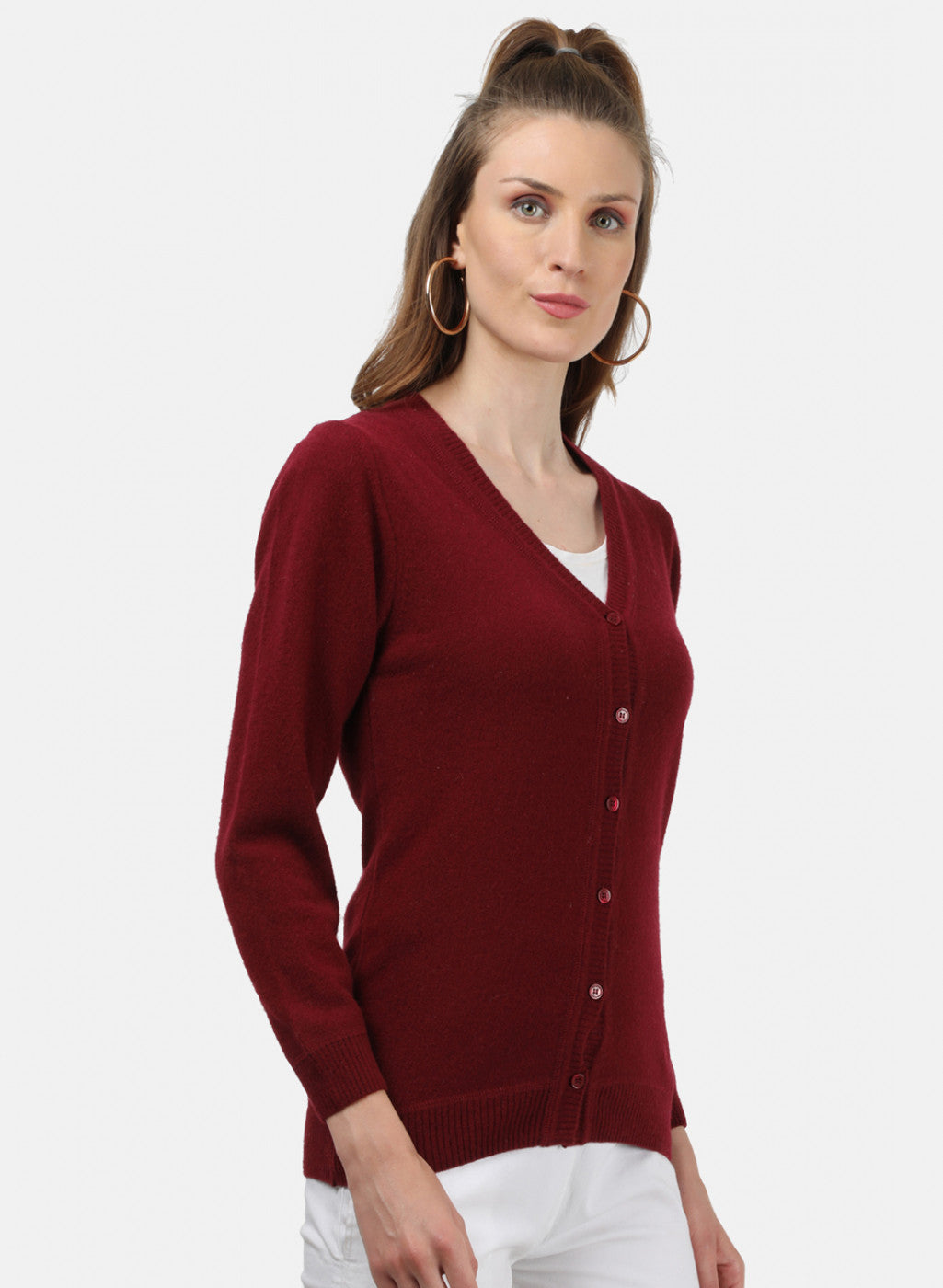 Women Maroon Solid Cardigan