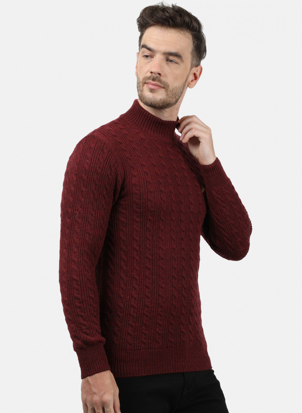 Men Maroon Self Pullover