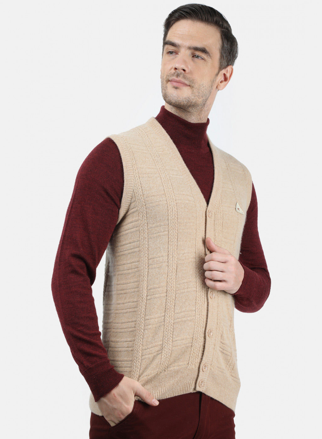 Men Beige Self Design Cardigan