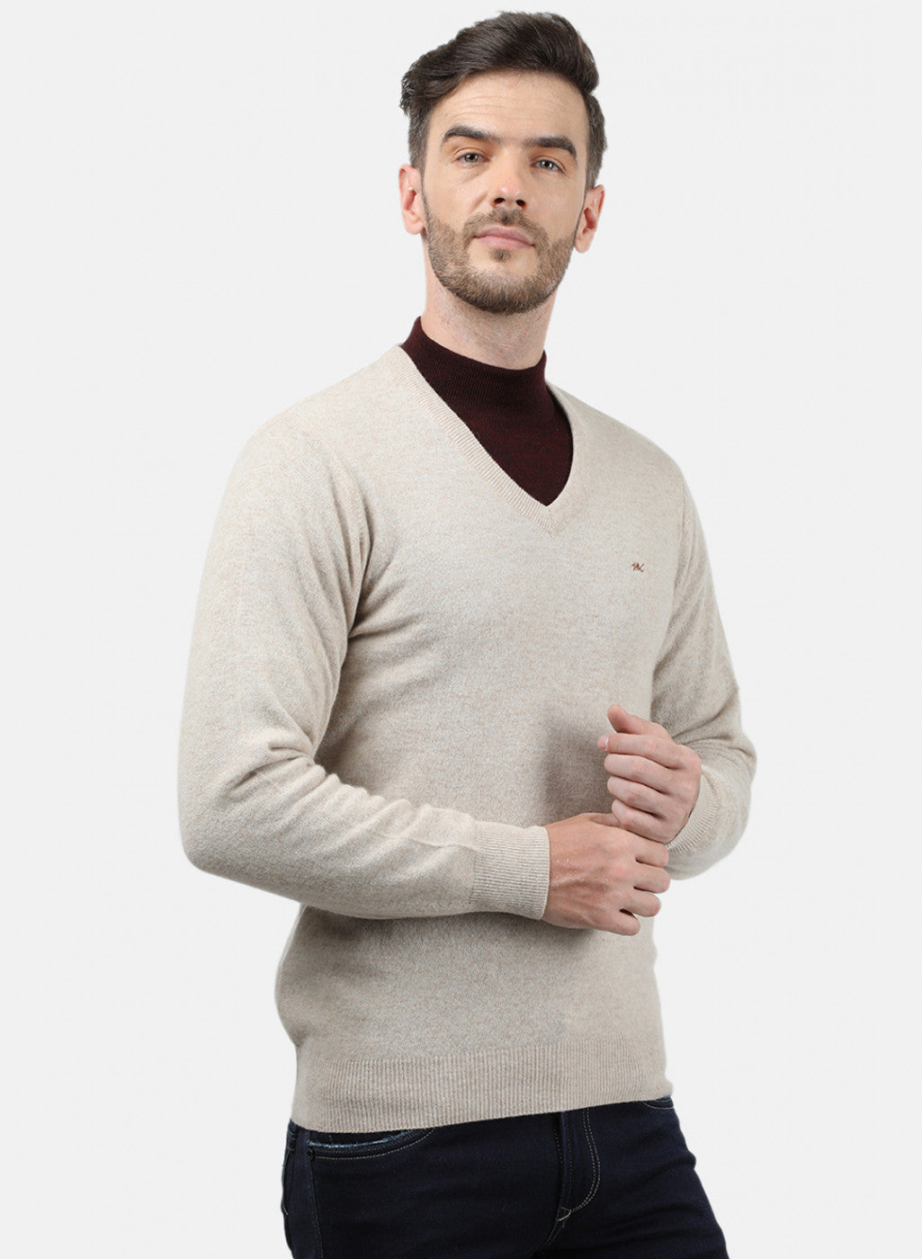 Men Beige Solid Pullover