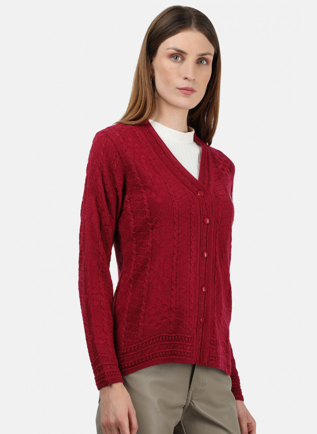 Women Red Self Cardigan