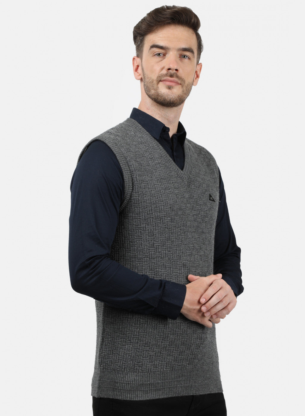 Men Grey Self Sweater