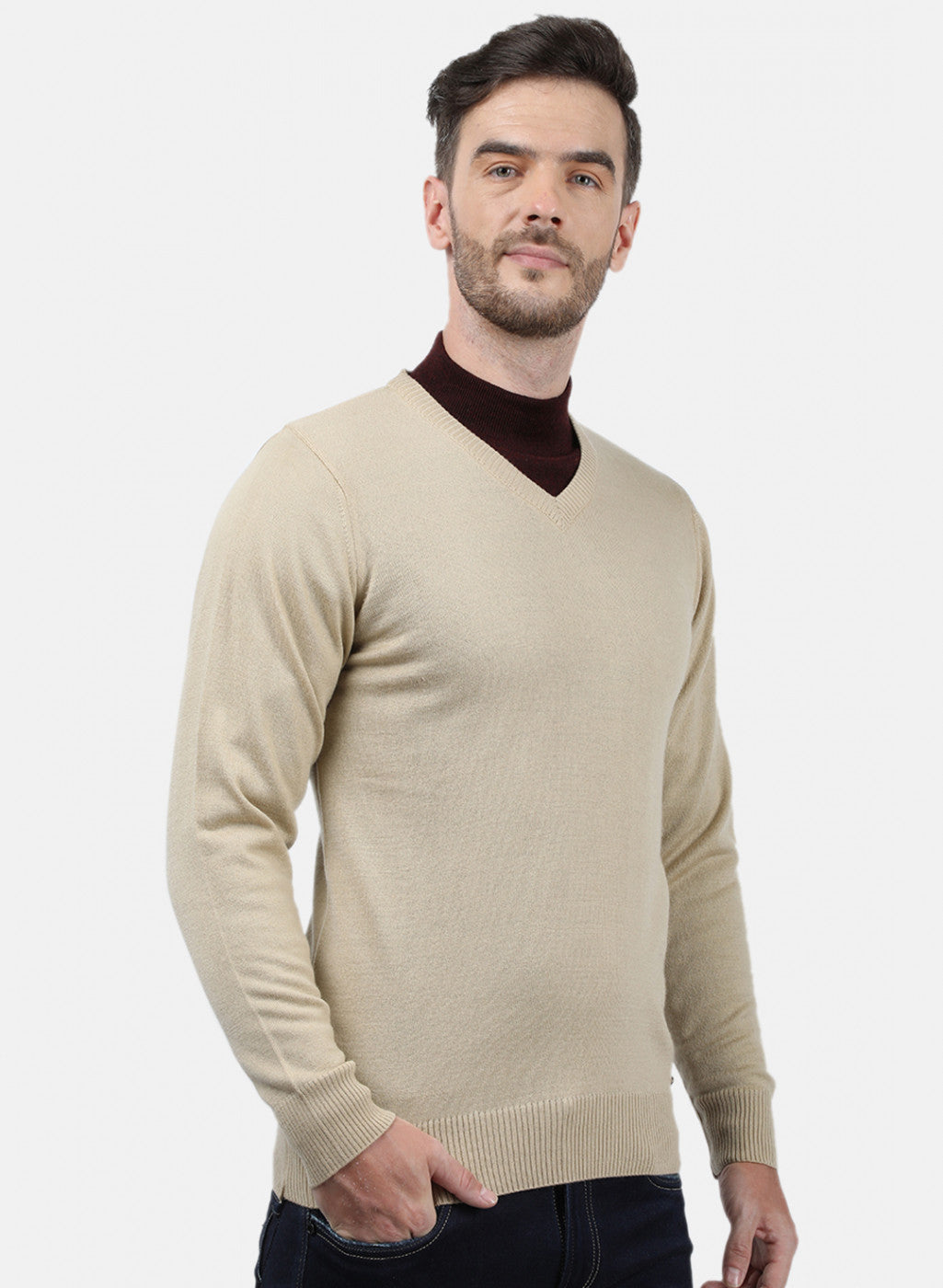 Men Beige Solid Pullover