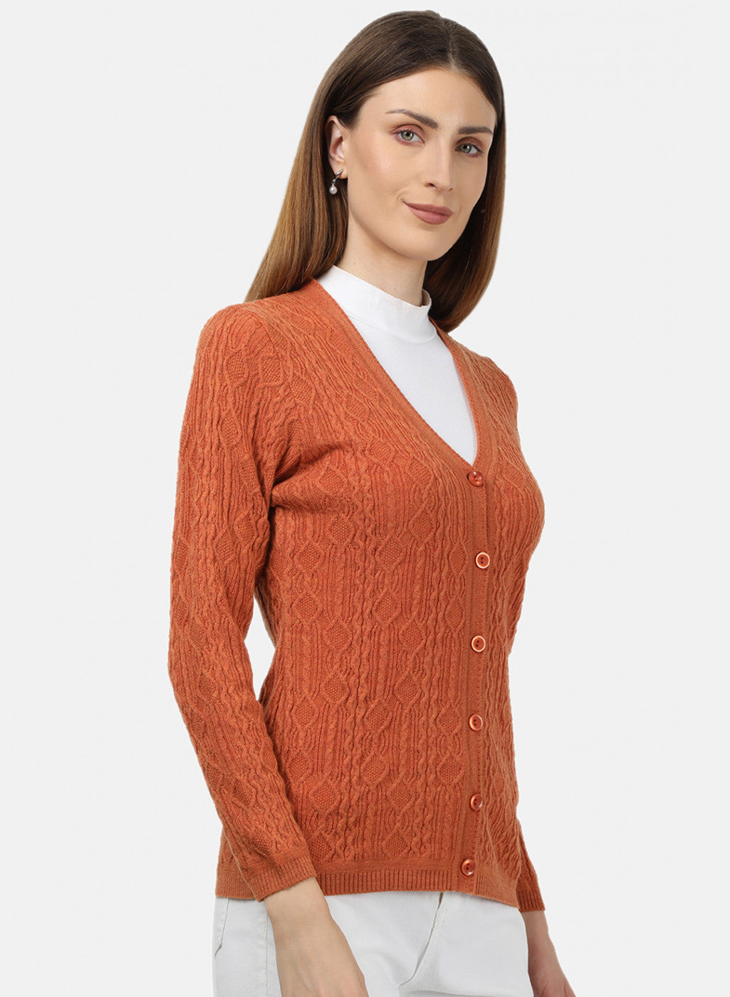 Women Orange Self Design Cardigan