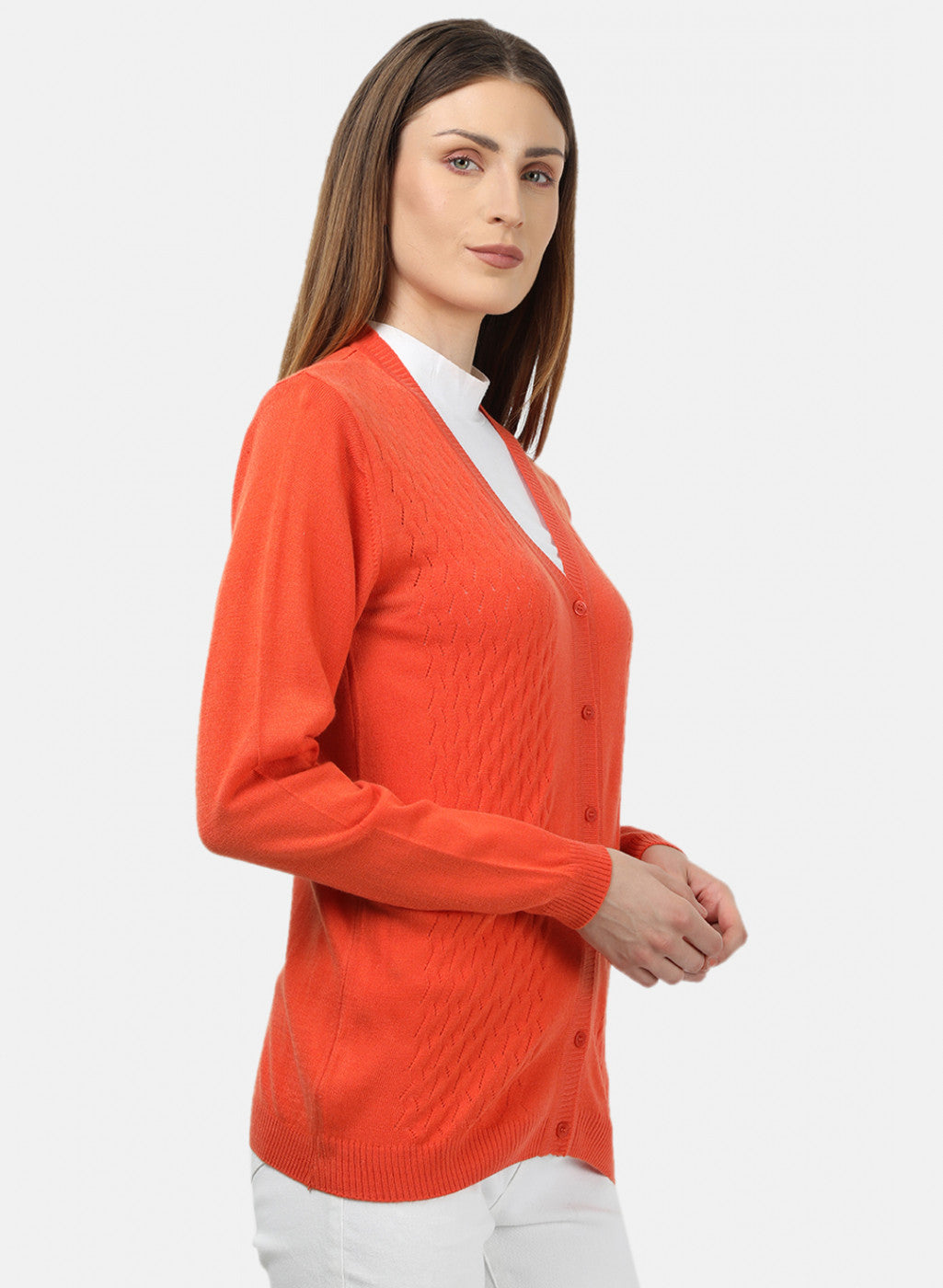 Women Orange Self Design Cardigan