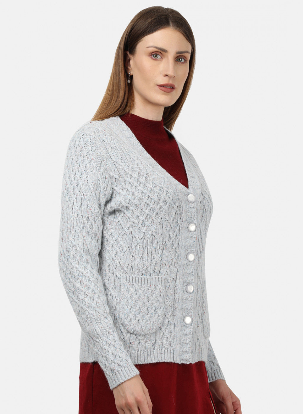 Women Light Grey Self Design Cardigan