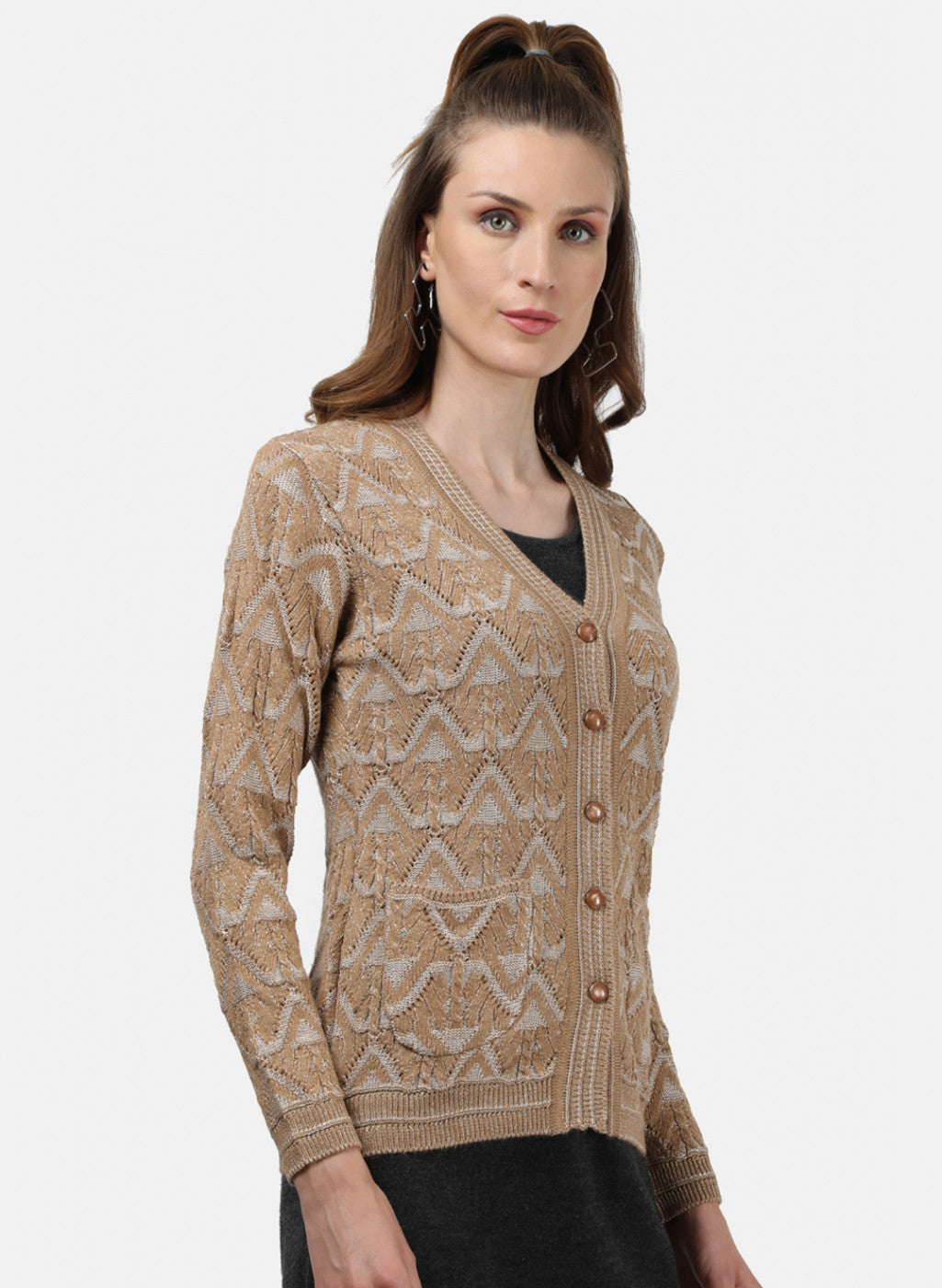 Women Brown Self Cardigan