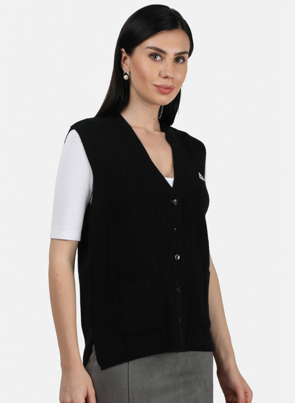 Women Black Self Design Cardigan