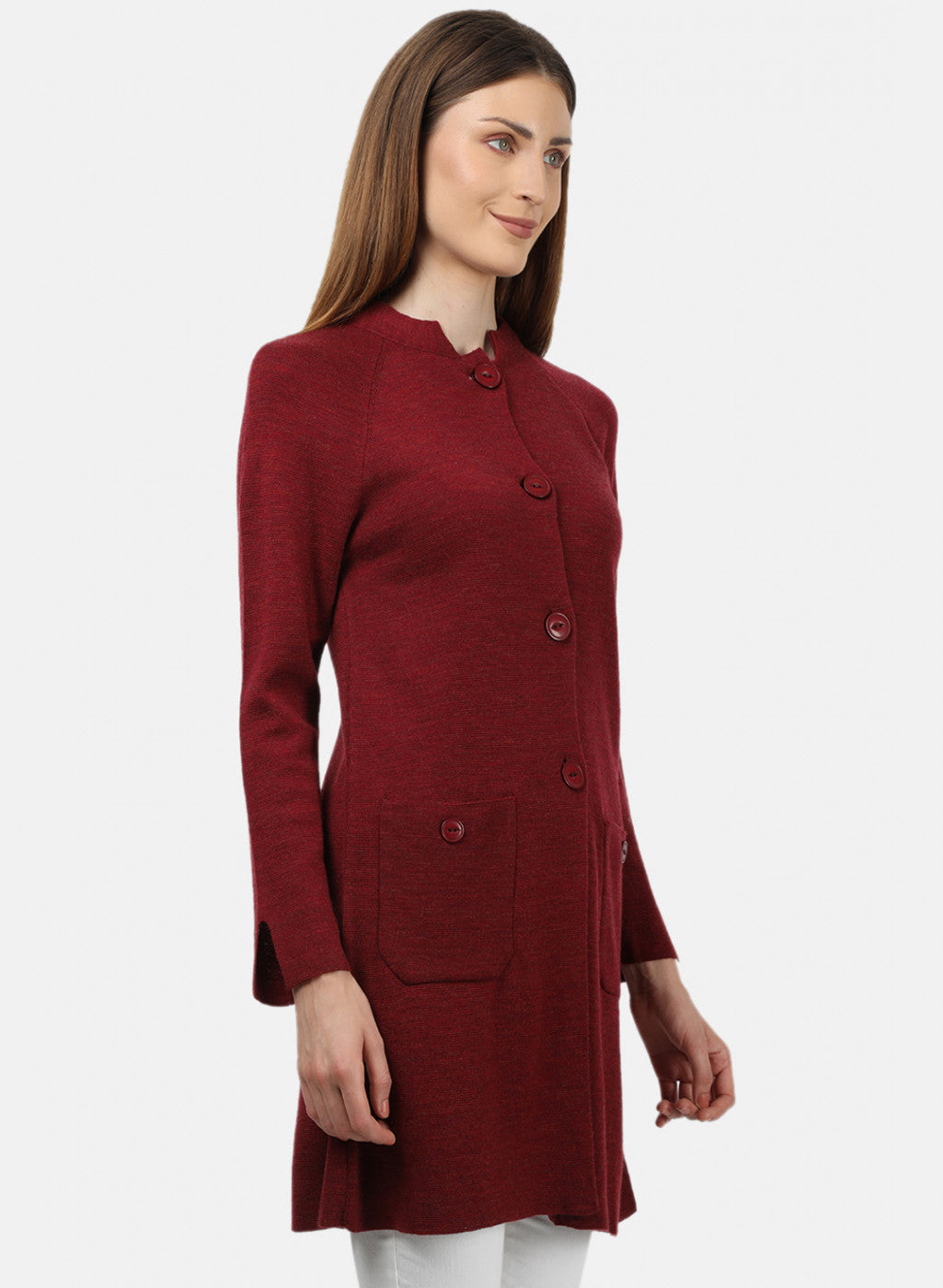 Women Maroon Self Design Cardigan