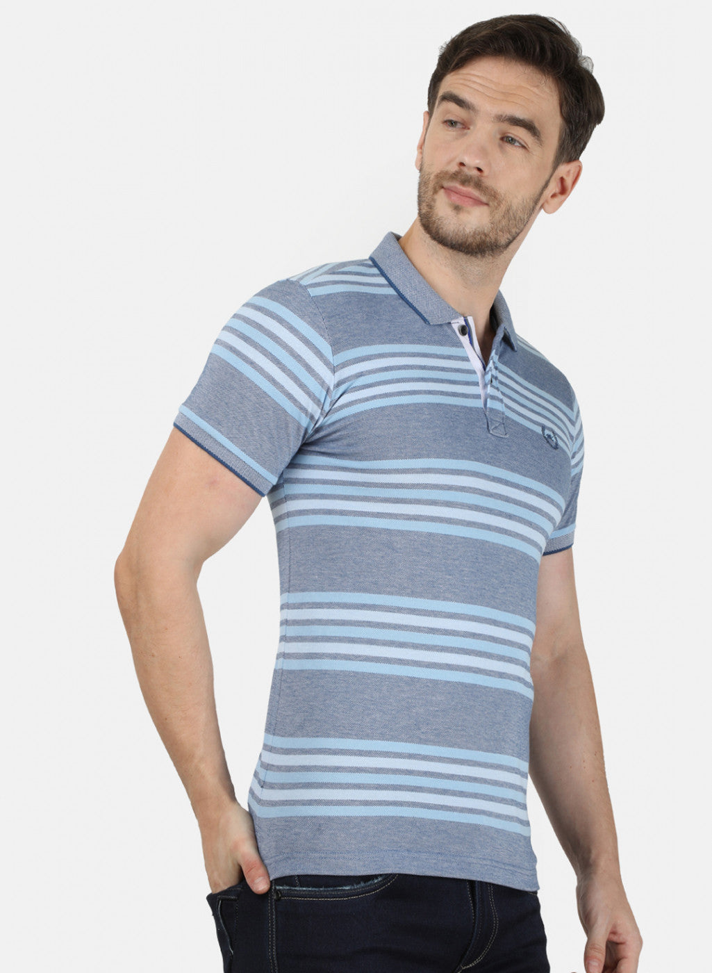 Mens Sky Blue Stripe Collar T-Shirts