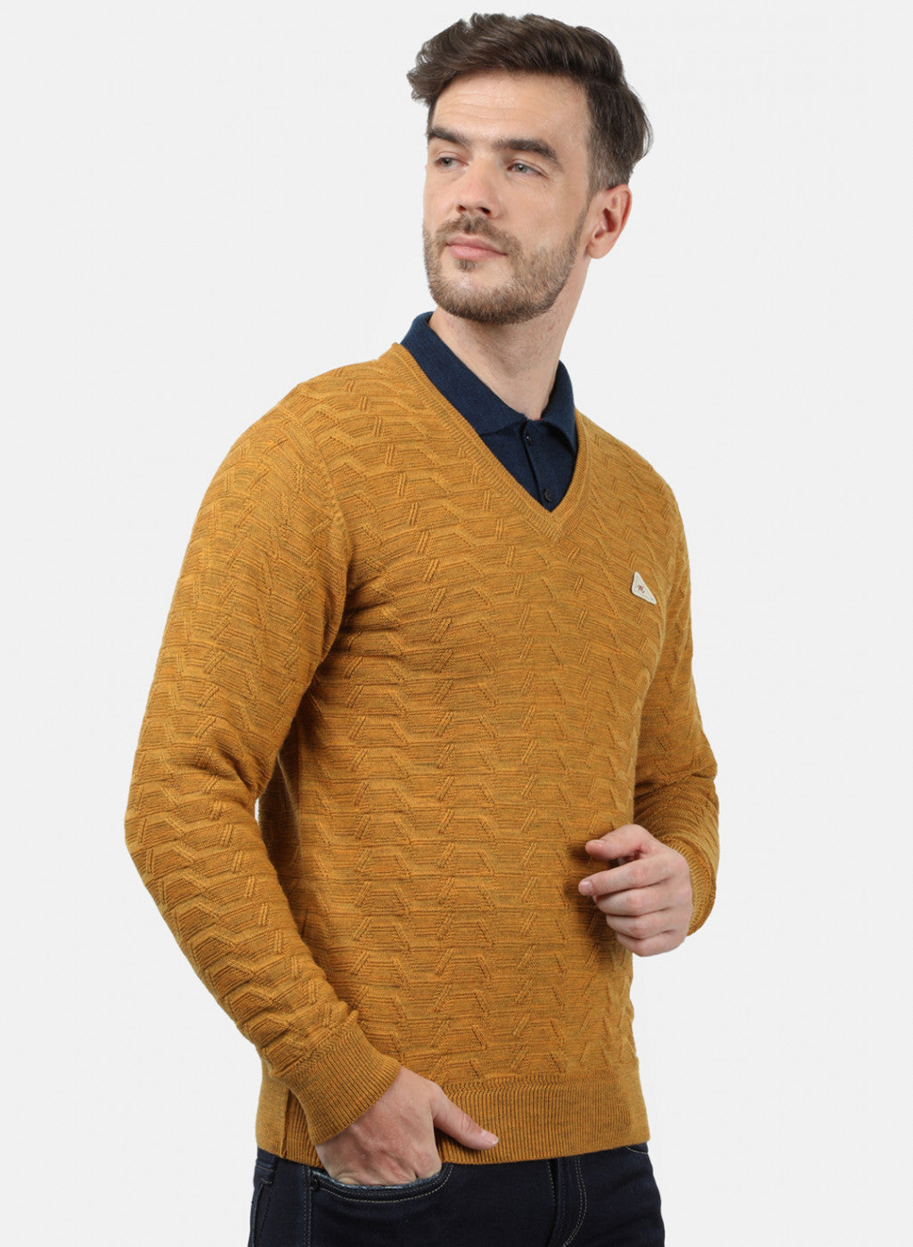 Men Yellow Self Pullover